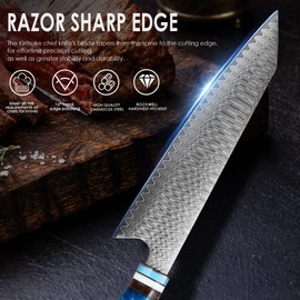 KEENZO Damascus Kiritsuke Knife 8 inch, Professional Kitchen Knives set, Sharp High Carbon Stainless Steel Cooking Knife, Ergonomic Blue Resin & Natural Wood Handle with Gift Box for Home & Restaurant