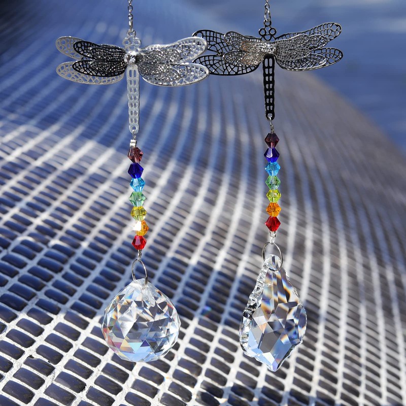 LONGSHENG 2Pcs Dragonfly Rainbow Crystal Suncatchers; Maple leaf Chandelier Crystal