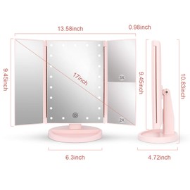 deweisn Tabletop Mount Tri-Fold Lighted Vanity Mirror with 21 LED Lights, Touch Screen and 3X/2X/1X Magnification, Two Power Supply Modes Make Up Mirror,Travel Mirror