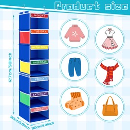 Amylove 7 Shelf Weekly Kids Clothes Organizer 3 Shelf and 4 Separable Hanging Closet Organizer 11. 8 x 11. 8 x 50 Inches Daily Activity Kid Clothes Storage Cube Drawer Closet for Bedroom (Blue)