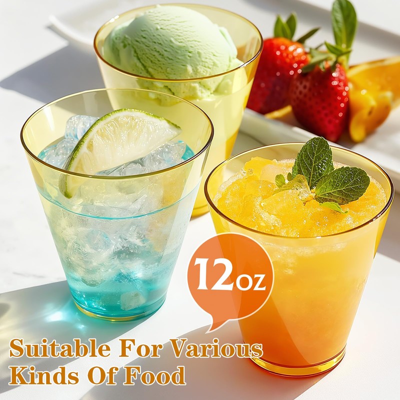 Glowserve 12 oz Clear Plastic Cups Disposable Gold Plastic Cocktail