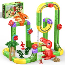 SnapGlowz Dinosaur Magnetic Train Set Toys for Kids 3-5: 115PCS 3D Infinity Racer Cube Tracks Anti-Gravity Rail Electric Train Track Birthday Gifts Toys for 3 4 5 6 7 8 Year Old Boys Girl