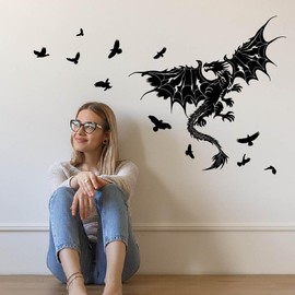 SUPERDANT Flying Dragon Flying Birds Wall Stickers Dragon Vinyl Wall Decals Rustic Adhesive Sticker DIY Vinyl Art Decorations for Children's Room Bedroom Living Room Large Size Wall Decor