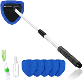 Baderke 8 Pcs 29 Inch Car Window Cleaner Kit Include Inside Windshield Cleaning Tool with Extendable Handle 5 Microfiber Bonnets 1 Ventilation Brush 1 Empty 50ml Spray Bottle Glass Wiper Kit(Blue)
