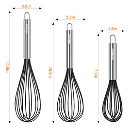 NileHome Whisk Commercial Whisks Stainless Steel & Silicone Non-Stick Coated Small Whisk Set 8" 10" 12" Kitchen Wisk Wire Whisks for Cooking 3 Pack, Black