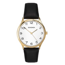 Sekonda Black and Gold Leather White Dial Strap Watch 1854