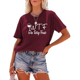 Women WTF Wine Tasting Friends Tshirt (Red,Medium,Medium,Female,Adult,US,Alpha,Regular,Regular)