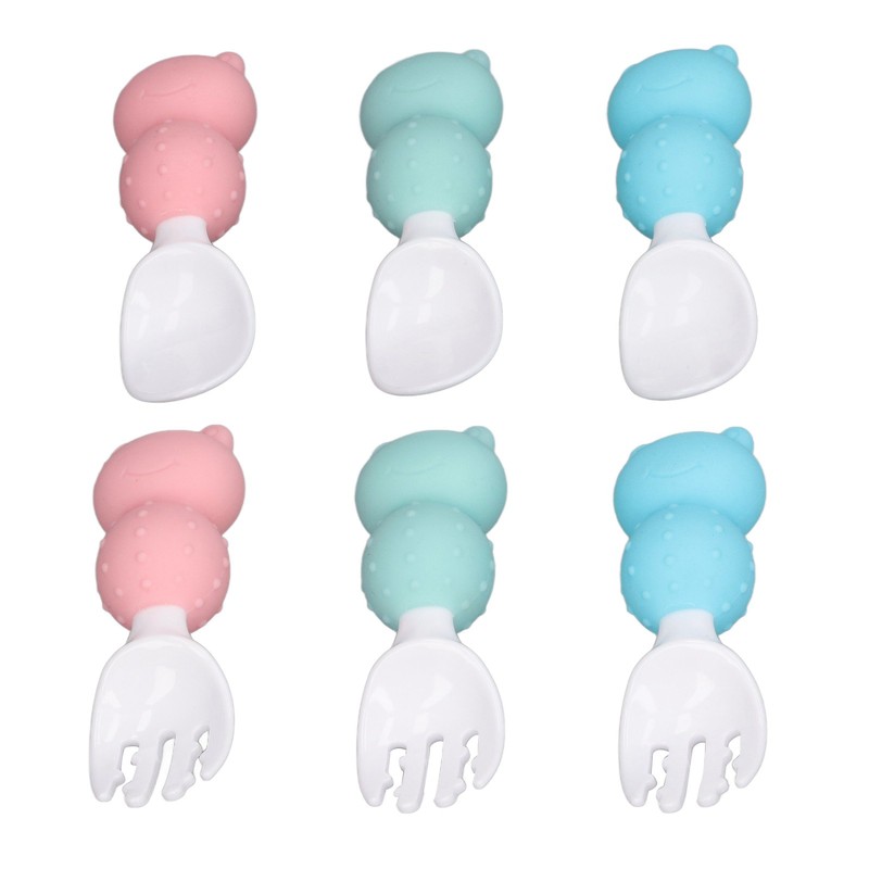 Baby Spoons Forks Set Short Handle Silicone Self Feeding Utensils