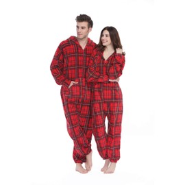 XMASCOMING Women's & Men's Hooded Fleece Onesie Pajamas Red Grey Plaid Size US L