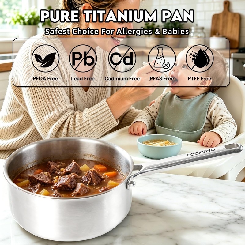 Pure Titanium Pot,2.5qt Saucepan with Lid, Stay-Cool Handle