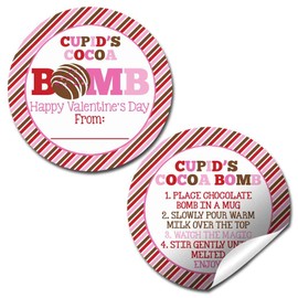 Cupid's Cocoa Bomb Valentine Stripes Happy Valentine's Day Hot Cocoa Bomb Sticker Labels, Total of 40 2" Circle Stickers (20 sets of 2) by AmandaCreation