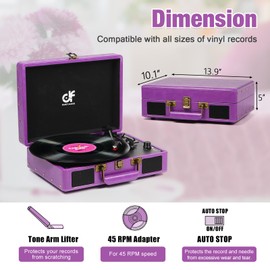 DANFI Audio Vintage Bluetooth Record Player, 3-Speed Turntable with Built-in Speakers, USB Vinyl to MP3 Recorder, RCA AUX and Headphone Jack, Portable Suitcase, Purple