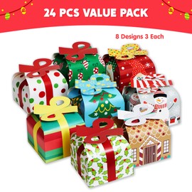 JOYIN 24 PCS 3D Christmas Goody Gift Boxes with Bow for Holiday Xmas Goodie Paper Boxes, School Classroom Party Favor Supply, 6” x 6” x 5.5” 8 Designs Candy Treat Cardboard Cookie Box for Gift Giving