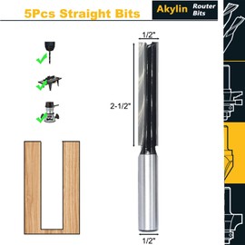 Akylin 5PCS Straight Router Bits 1/2Inch Shank, Super Long 2-1/2" Cutting Length,Cutting Dia.1/2", Tungsten Carbide Straight Cut Router Bit, for Woodworking Routing,Plunging,Dadoing