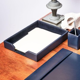 Dacasso Navy Blue Bonded Leather Luxury Letter Tray Holder & Paper Organizer for Desk - Executive Desk Decor & Office Organization Essential