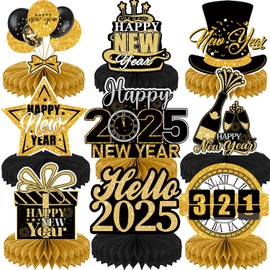 2025 New Year's Eve Honeycomb Centerpiece Decorations - Happy New Year Table Party Decor Set, Black and Gold Countdown Theme for Indoor Celebrations