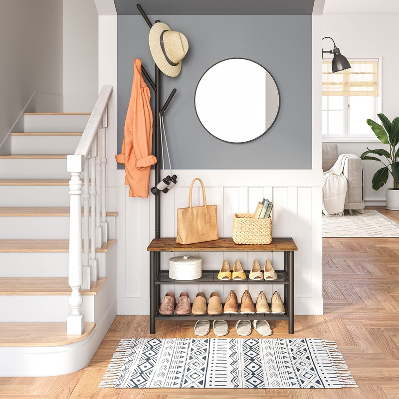 HOOBRO Coat Rack Shoe Bench, 3-Tier Shoe Rack, Industrial Shoe