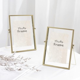 aleawol Glass Metal Picture Frame, 15 x 20 cm, Gold Metal Photo Frame, Retro Vintage Floating Picture Frame, Geometric Picture Frame for Desktop Decoration