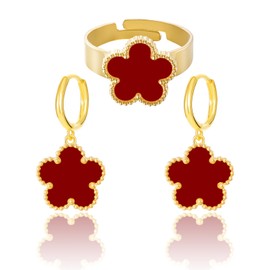 Qinpan Gold Plated Five Leaf Clover Rings and Dangle Earrings Set for Women Lucky Flower Jewelry (Burgundy-14K Gold Plated)
