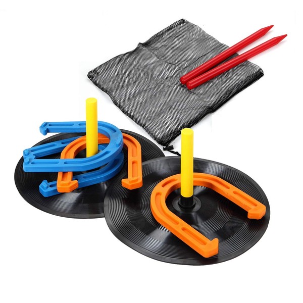 WIn SPORTS Rubber Horseshoes Game Set for Outdoor Indoor Games,Beach Games - Perfect for Backyard and Fun for Kids and Adults! (Orange&Blue)