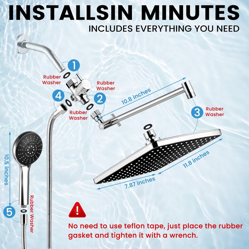 RNDIOZD Rain Shower Head with Handheld, 11.8 Inch High Pressure