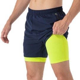 Pantalones cortos deportivos 2 en 1 para hombre de secado rápido de 5 pulgadas con bolsillos con cremallera, Azul marino, Small