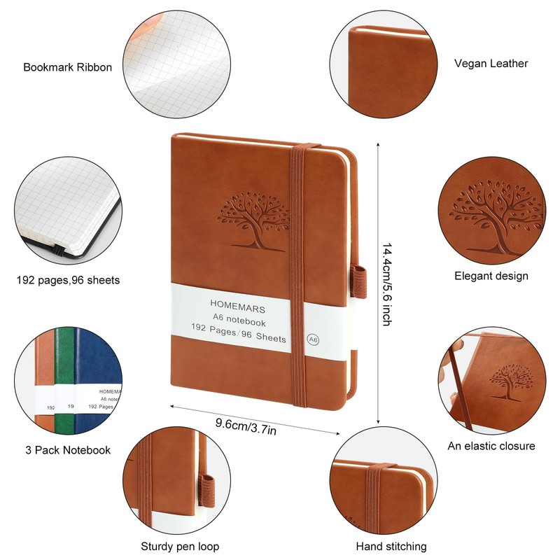 HOMEMARS Small Notebook, Pocket Notebook, 3 Pack, Notebook A6, Squared,3.7"
