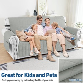 MAXIJIN Waterproof Oversized Couch Covers for 3 Cushion Couch, 79" Quilted Sofa Covers Washable Pet Dog Couch Cover Protector with Elastic Strap & Side Pocket (Large Sofa, Light Gray)
