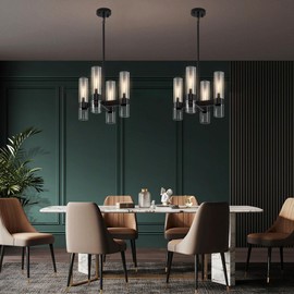 Black Chandelier,4 Light Modern Farmhouse Chandelier for Dining Room Light Fixtures Over Table, Kitchen Island Lighting Fixture Hanging with Clear Glass Cover for Entryway Corridors Bedroom Bathroom