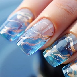 Virellay Pack of 24 Glitter Nails for Sticking, Square Press on Nails, Short, Shiny False Nails for Sticking on for Women (Blue Gold, 24 Pieces)