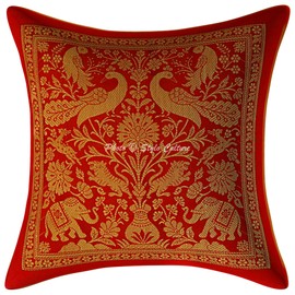 Stylo Culture Indian Brocade Sofa Couch Cushion Covers 30 x 30 cm Red Gold Elephant 12x12 Inch Jacquard Square Couch Lounge Peacock Throw Pillow Cases - (Set Of 2 Pcs)
