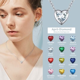 ChicSilver Heart Necklace 925 Silver Women's Necklace with Cubic Zirconia 12 Months Birthday Series Birthstone Fashion Friendship Necklace with Jewellery Box, Crystal, Diamond