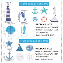 CHGCRAFT 34pcs 16Style Wooden Nautical Hanging Decorations Mini Beach Marine Ornament Set Beach Coastal Wall Ornaments for Christmas Tree Party Home Decor, 45.5x44x3mm, Hole: 1.6mm