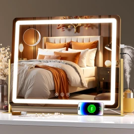 Hasipu Vanity Mirror with Lights, 24" x 18" LED Makeup Mirror, Light up Mirror with 10X Magnification and Phone Holder, USB Charging Port, Smart Touch 3 Colors Dimmable, 360° Rotation (Gold)