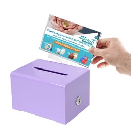Donation Collection Ballot Box Ticket & Drawing Voting or Comment Box office and fundraising suggestion box 6.25 x 4.75 x 4 inch Box Display Sign Holder 4 x 6 inch with Lock and keys (Purple)