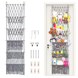 Vurlexat Over the Door Stuffed Animal Storage, 5 Tier 17x61 Inch Cotton Toy Organizer with LED Light & Clips for Stuffy Toy, Boho Hanging Storage Net Behind the Door for Nursery Kids Girls Boys(Grey)