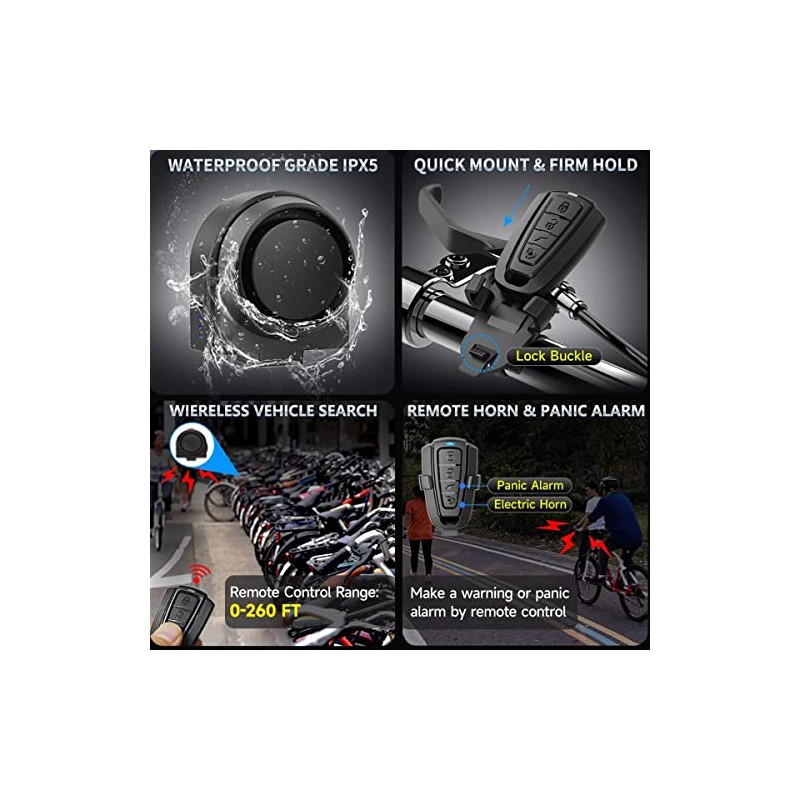 Bicycle Alarm System with Remote Control, 113 dB Motorcycle Alarm