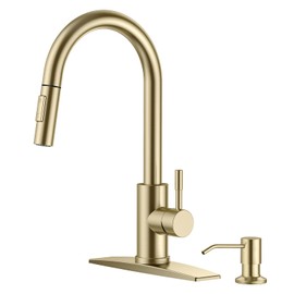 FORIOUS Gold Kitchen Faucet with Soap Dispenser, High Arc Modern Sink Faucet with Pull Down Sprayer and Deck Plate Fit for 1 or 3 Hole for Bar Farmhouse Laundry Rv, Brushed Champagne Golden
