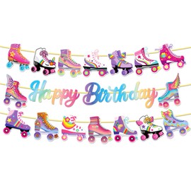 3Pcs Roller Skate Happy Birthday Banner Roller Skate Party Decorations Retro Hip Hop Rollers Skating Birthday Party Banner for 80s 90s Theme Decor Supplies