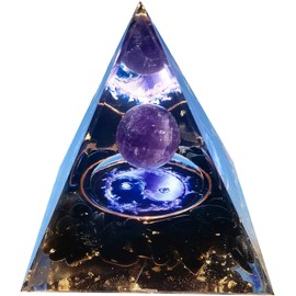 Orgone Pyramid for Positive Energy, Amethyst Crystal Sphere Pyramid, Protection Crystals Energy Generator for Stress Reduce Healing Meditation Attract Wealth Lucky (Amethyst-Taiji)