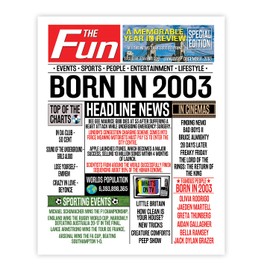 Stuff4 22nd Birthday Poster Unframed - Born In 2003 Newspaper - Happy 22nd Birthday Gifts for Men Women Vintage Retro Back In 2003, 8x10 Inch Twenty-Two Twenty-Second Bday Party Decor Decoration