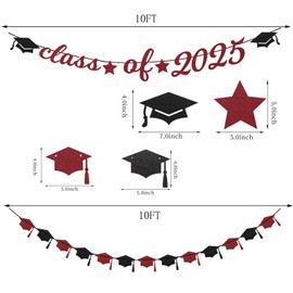 Burgundy-Red Black-Silver Party-Decorations Graduation Banner - 8pcs Kits Class of 2025 Garland Streamers, Paper Tissue Pom Poms Flowers,Congratulations Grad Cap Decor Lasting Surprise