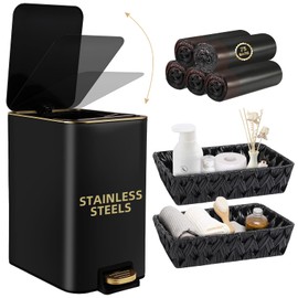 XLHOMO Small Bathroom Trash Can with Lid Soft Close,10 Liter/2.6 Gallon Stainless Steel Garbage Can with Removable Inner Bucket,Wicker Storage Baskets,75Count Trash Bags,Slim Step Pedal Trash Bins