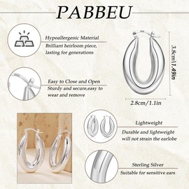 PABBEU Chunky Silver Hoop Earrings for Women, Hypoallergenic Lightweight 925 Sterling Silver Oval Hoop Earrings, Sterling Silver Thick Hoop Earrings for Women (28mm)
