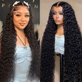 Momaksa 32 Inch Lace Front Wigs Human Hair Pre Plucked 13X4 HD Deep Wave Lace Frontal Wigs Human Hair 200 Density Transparent Deep Curly Wigs Human Hair For Women With Baby Hair Natural Black