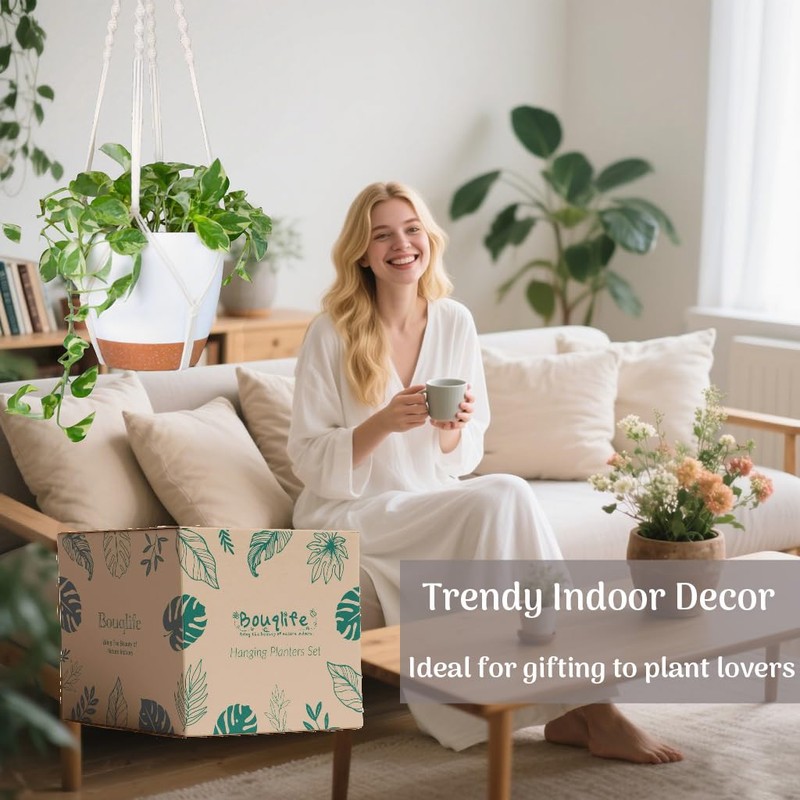Bouqlife Hanging Planters with Macrame Plant Hangers for Indoor Outdoor
