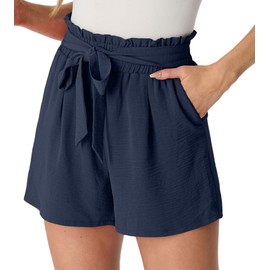 PrinStory Ladies' Shorts With Elastic Waistband, Pleated Drawstring Design, Summer Leisure Shopping, Sports Walking, Beach, Loose Pocket Shorts (Navy Blue, M)