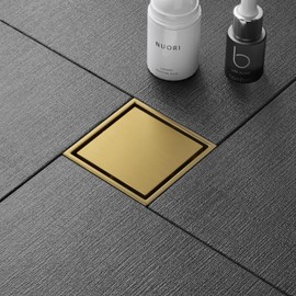 Merranox Gold Shower Drain, 4 Inch, 2-in-1 Tile Insert Grate, Brushed Stainless Steel Floor Drain Cover, High-Flow Linear Shower Drain, Black & Silver Options, Easy Install & CUPC Certified