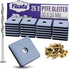 Filzada 26 x Teflon Glides for Screwing – 50 x 50 mm (Square) – Furniture Glides / Carpet Glides PTFE (Teflon) with Screws