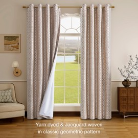 Light Khaki and Silvery 100% Blackout Curtains 96 Inch Length 2 Panels, Jacquard Thermal Insulated Noise Reducing Grommet Drapes for Bedroom Living Room, 2pcs, 52" W x96 L